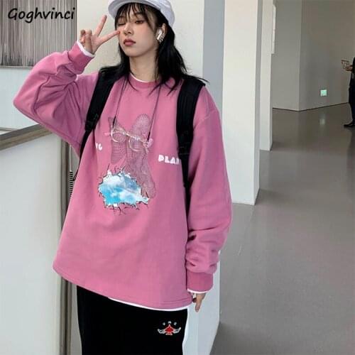 Winter Hoodies Women O-neck Printing Sweatshirts Harajuku Plus Velvet Warm Vintage Baggy Students Hip-pop No Hat Hoodie Oversize