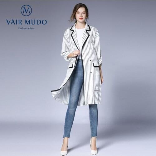 Spring autumn coat new white striped long-sleeved casual suit windbreaker fashion temperament waist mid-length thin shirt Y-463