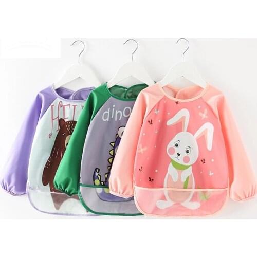 Cute Cartoon Baby Bibs Waterproof Infant Eating Bib with Pocket Children Drawing Long Sleeve Apron Kids Burp Cloth Baby Stuff