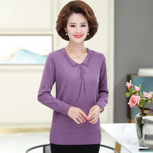 2021 Knitted Women Lapel Sweater Pullovers Spring Autumn Basic Shirt Mother Sweaters Hot Drilling Slim Fit Black Core Yarn Tops