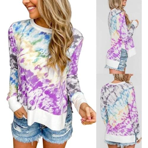 2020 Blouse Women Casual Long Sleeve Tie Dye Slitting Irregular Hem Sports Blouse Sweatshirt Womens Clothing толстовка женская