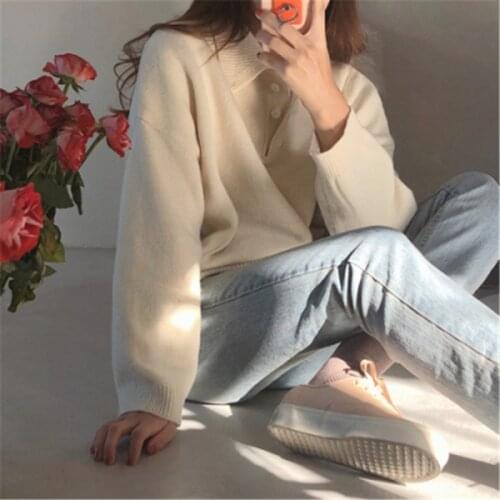 Womans Jersey 2020 Korean Casual Polo Collar Long Sleeve Oversized Sweater Female All Match Knitwear YYQX099