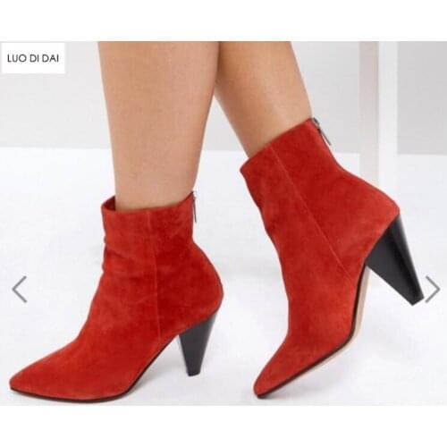 2019 spring fashion women red boots spike heel boots women ankle booties suede leather boots ladies dress shoes point toe