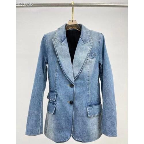 HIGH STREET Classic Baroque Designer Denim Jacket Womens Single Breasted V-Neck Long Sleeves Top Fashion Blazer