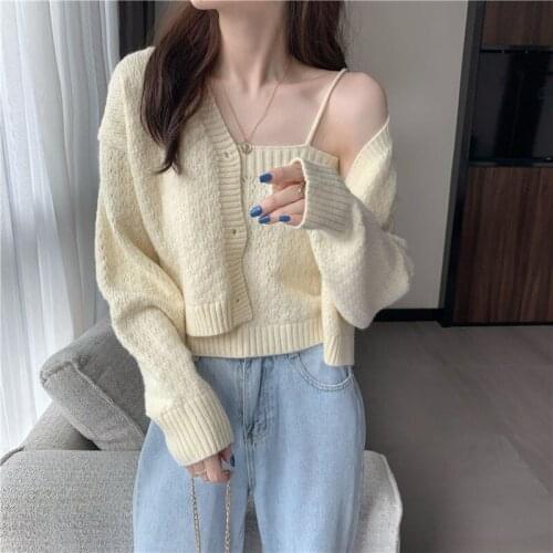2021 New Women Two Pieces Sweater Set Spring Autumn Casual Loose V-Neck Cropped Cardigan and Knitte Tube Tops Korean Knitwears