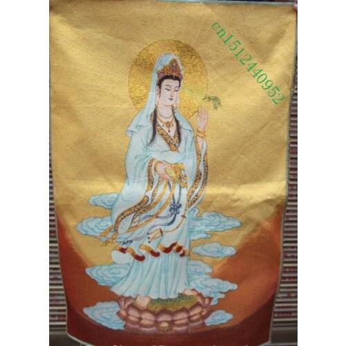 36 pulgadas de seda china bordado Kwan-yin Guan Yin diosa Tangka Thangka pintura Mural