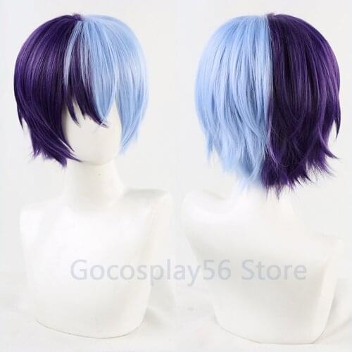 Aoyagi Touya Cosplay Wig Mixed Purple Blue Short Straight Heat Resistant Hair Adult Halloween Role Play