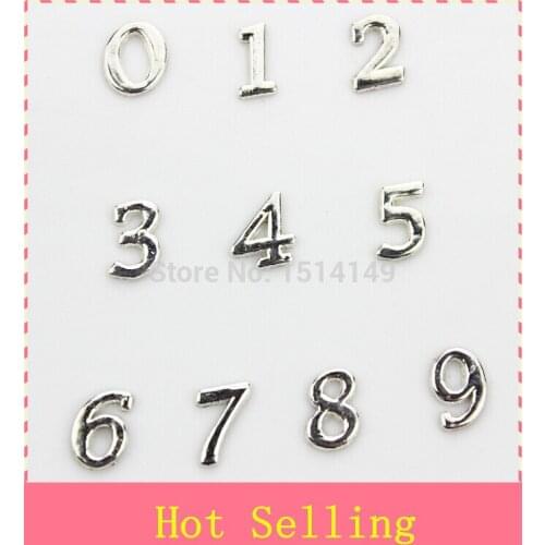 Hot selling silver number floating charms living glass floating lockets(1lot=10 number per 10pcs=100pcs)