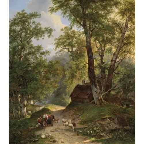 Nice Oil painting shepherdess with sheep goat and donkey in landscape canvas