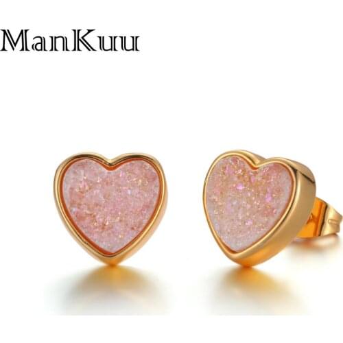 Mankuu 10mm Fashion Druzy Earrings Gold Plating Love Heart Natural Stone Earrings Elegant Small Stud Earrings For Women Jewelry