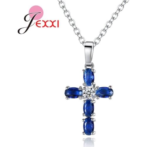 New Fashion Charm Necklace with Clear Zircon Elements Crystals Pendant Womens Round 925 Sterling Silver Genuine Cross Necklace