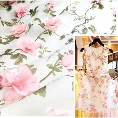 New Arrival Organza Glass Yarn Three-dimensional Flower Lace Fabric One-piece Dress Cloth Width 130cm 1meter