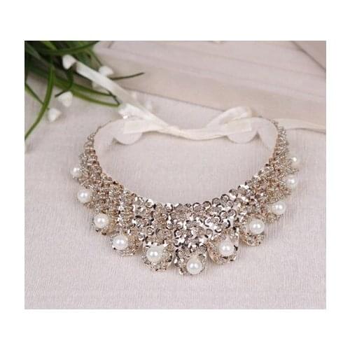 2015 new arrival handmade wide false collar sequins & simulated pearl necklace wedding decoration statement necklaces accessary