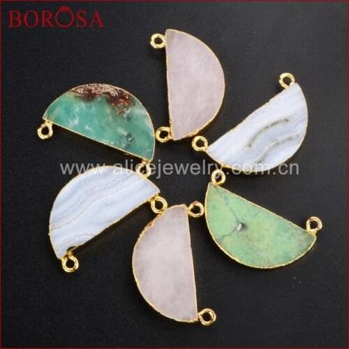 BOROSA Gold Color Half Moon Natural Multi-Kind Stones Connector Double Bails DIY Necklace Jewelry Making G1025