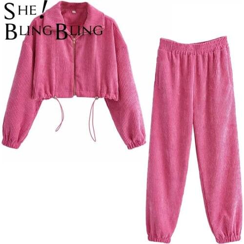 SheBlingBling Za Woman 2021 Pink Corduroy Suit Autumn Woman Casual 2 Pieces Set Cropped Jackets Elastic Waist Harem Pants Suit