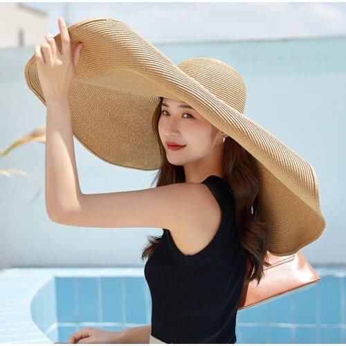 French oversized straw hat for Womens sun protection summer straw hats 30cm brim of hats Foldable outdoor beach straw hat