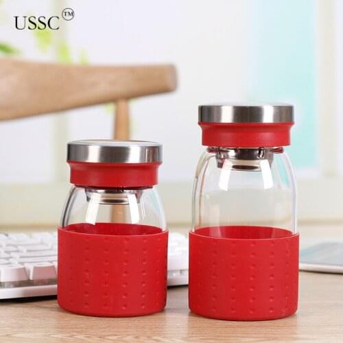 USSC Stainless Steel Cover Glass High Borosilicate Single Layer Water Cup With Silica Gel Cover Business Gift Water Bottle HZ028