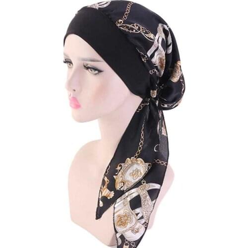 Flower Print Hat Turban Cap Cover Hair Loss Head Scarf Wrap Pre-Tied Headwear Strech Womens Muslim Hijab Cancer Chemo Bandana