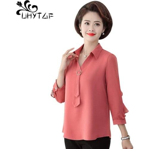UHYTGF Womens tops and blouses fashion chiffon thin shirt Solid color pullover summer blouses female short 5XL plus size top 874
