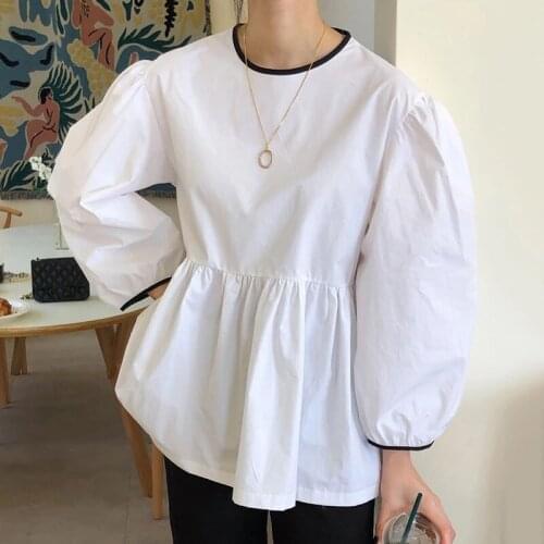 Women Fashion Sweet O-Neck Long-sleeved Blouse Female Puff Sleeve Minimalist Pleated Ruffles Loose Shirt