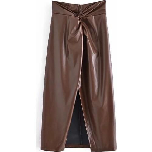 Za Women 2021 Chic Fashion PU Artificial Leather Knotted Wrap Midi Skirt Vintage High Waist Back Zipper Slit Female Skirts