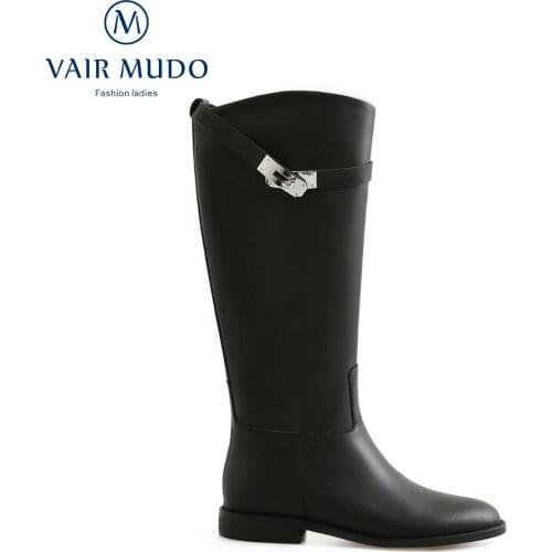 VAIR MUDO Women Knee-High Boots Concise Low Heels Round Toe Autumn Winter Genuine Leather Black Elegant Footwear Shoes WM-X263-C