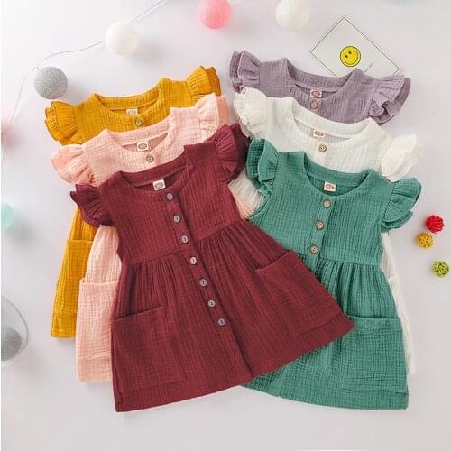 1-6Y Summer Lovely Kids Girls Dress Solid Ruffles Sleeve Button A-Line Knee Length Dress