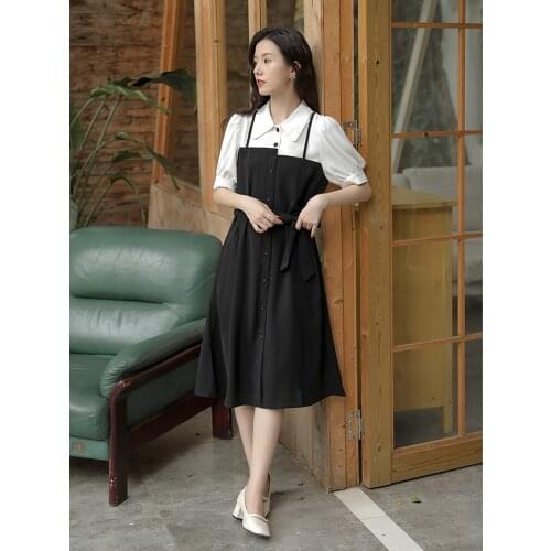 Office Maxi Black Dresses For Woman Long Summer 2021 Ladies Clothing Women Chiffon Short Sleeve Mini Shirt Dress Girl Fake Two