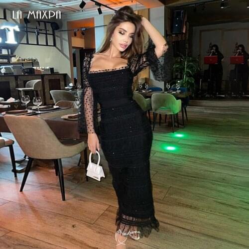 2021 New Arrival Lace Square Neck Tube Top Black Retro Long-Sleeved Mid-Length Bandage Sexy Dress Nightclub Prom Runway Dress
