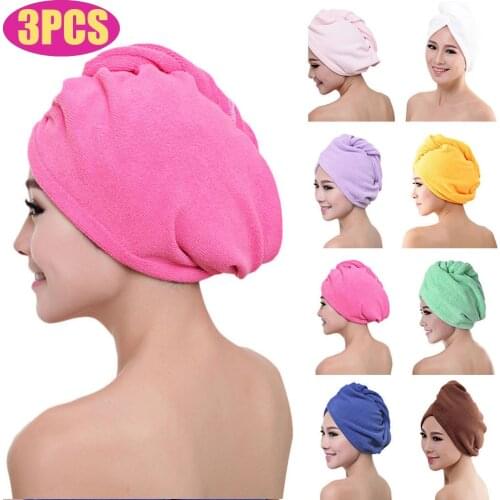 3PCS Hot Coral Velvet Dry Hair Bath Towel Microfiber Quick Drying Turban Super Absorbent Women Hair Cap Wrap with Button thicken