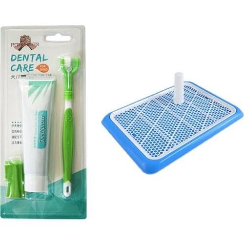 3 PCS Dog Pet Finger Toothbrush Three Head Toothbrush Toothpaste Set with Training Pads Toilet