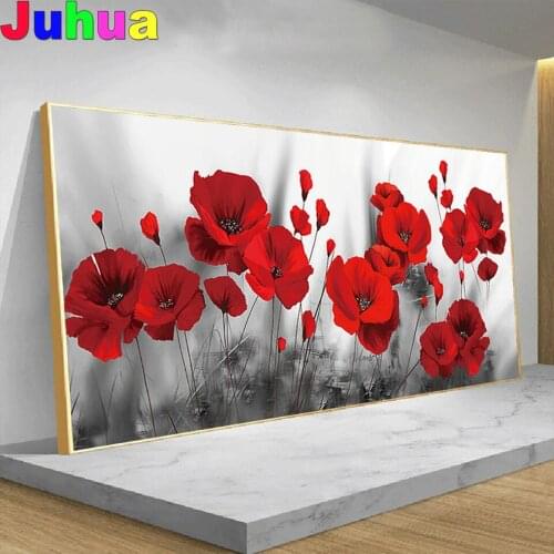 Large size 5D Round Diamond Painting Black and White Red poppy Full Square Flowers Embroidery Mosaic Cross Stitch Handmade Gift
