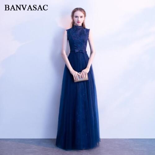 BANVASAC 2018 Vintage High Neck A Line Lace Embroidery Long Evening Dresses Party Bow Sash Open Back Prom Gowns