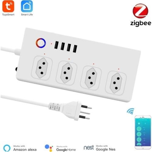 Brazil Smart Zigbee Power Strip, Tuya Zigbee Outlet With 4 Plugs and 4 USB Port, Individual Control,Works With Alexa Google Home