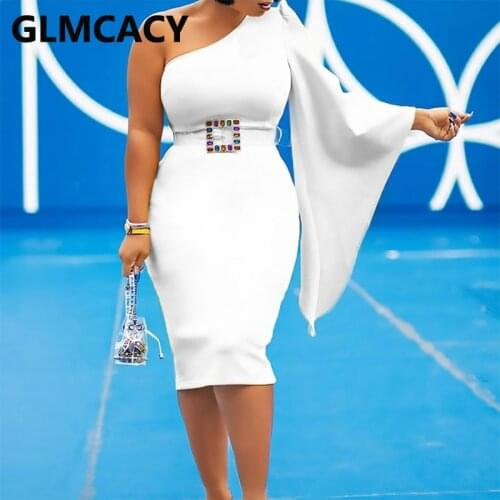 One Shoulder Elegant Evening Party Midi Dress Classy Office Ladies Work Dress