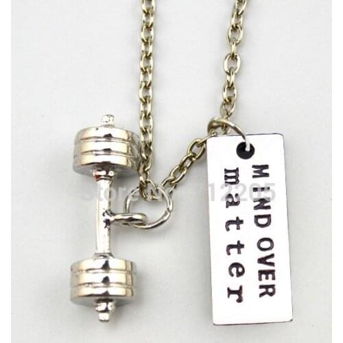 Fitness Weightlifting jewelry New Arrval Dumbbell barbell with MIND OVER matter Gym sports necklace