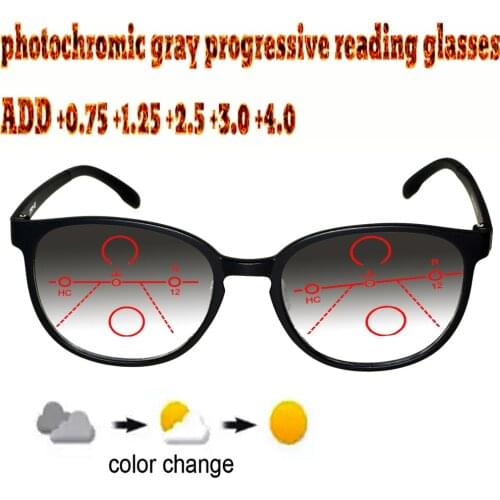 Photochromic Gray Progressive Multifocal Reading Glasses Men Woem Ultralight Black Frame+1.0 +1.5 +1.75 +2.0 +2.5 +3 +3.5 +4