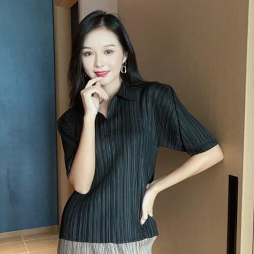 Short Sleeve Turndown Collar Slim T-shirt Women Summer Solid Color Zipper Miyak Pleated Fashion Large Size Female Casual Top