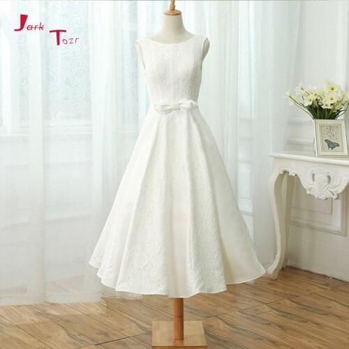 Jark Tozr New Listing Tea-Length Shiny Beading Sequins Bow Little White Dresses Vestido De Noiva A-line Lace Wedding Gowns