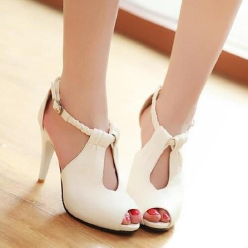 Korean Style Women Summer Thin High Heel Open The Toe Ankle Wrap Cut Out Fashion Casual Sandals Shoes Plus Size 30-43 SXQ0611