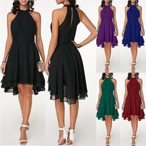Summer Women Dresses Solid Color Cropped Layered Halter Neck Sleeveless Dresses Chiffon Cocktail Evening Party Dress Plus Size