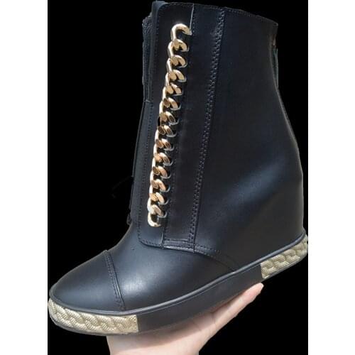 Fashion Woman Metal Chains Plated Silver Gold Rubber Sole Ankle Boots 8 cm Height Increased Inner Wedge Heels High Top Sneaker