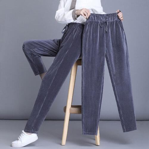 New 2021 Women Corduroy Pants High Waist Vintage Korean Harem Pants Elegant Drawstring Loose Long Trousers Streetwear X419