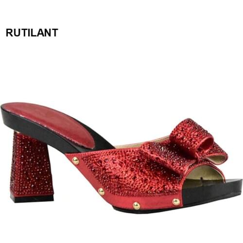 Latest Red Color Shoes African Wedding Shoe High Quality Elegant Italian Women Shoes with Stone High Heels Summer Women Pumps