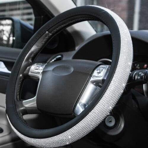 New diamond leather steering wheel covers, shining crystal diamond universal 15 inches anti-skid protection, suitable for lady