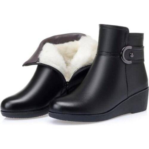 New Fashion Top Cowhide Winter Boots Warm Inisde Plush / Wool Snow Boots Non-slip Wedges Large Size Leather Shoes Woman Boots