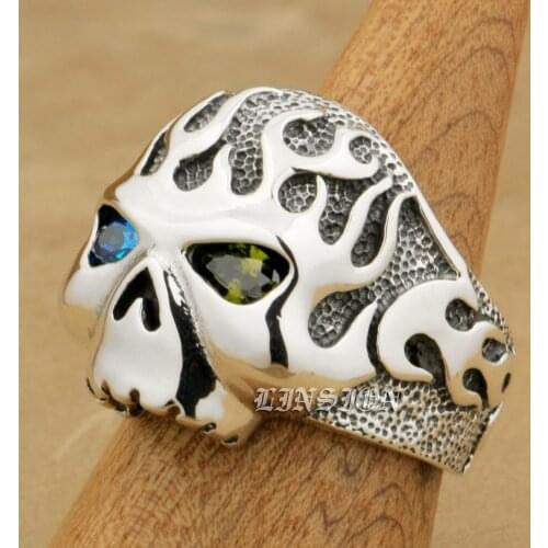 Fire Skull Blue + Green CZ Eyes 925 Sterling Silver Mens Boys Biker Rock Punk Ring 8D406 US Size 7~15