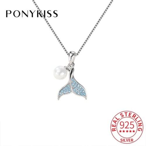 PONYKISS 100% 925 Solid Sterling Silver Fish tail Pendant Necklace Chain for Women Fine Jewelry Anniversary Party Gift