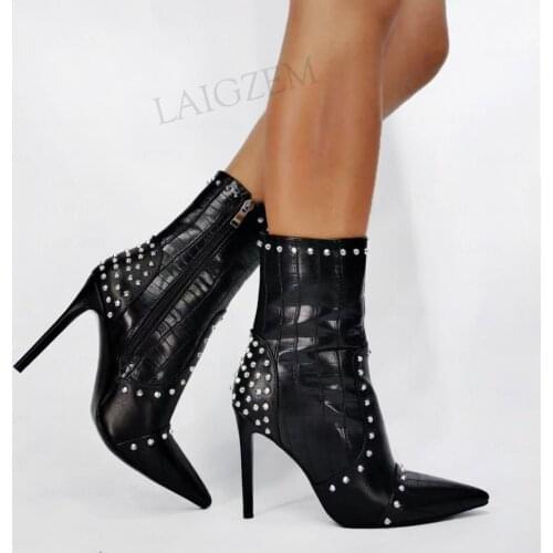 BERZIMER SUPER Women Ankle Boots Embossed Stiltto High Heels Short Boots Ladies Side Zip Black Shoes Woman Big Size 43 45 47