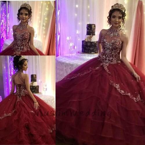 Princess Burgundy Quinceanera Dresses 2020 Halter Beaded Crystal Sexy Open Back Prom Dress Tiered Ruffles Corset Swet 16 Dress